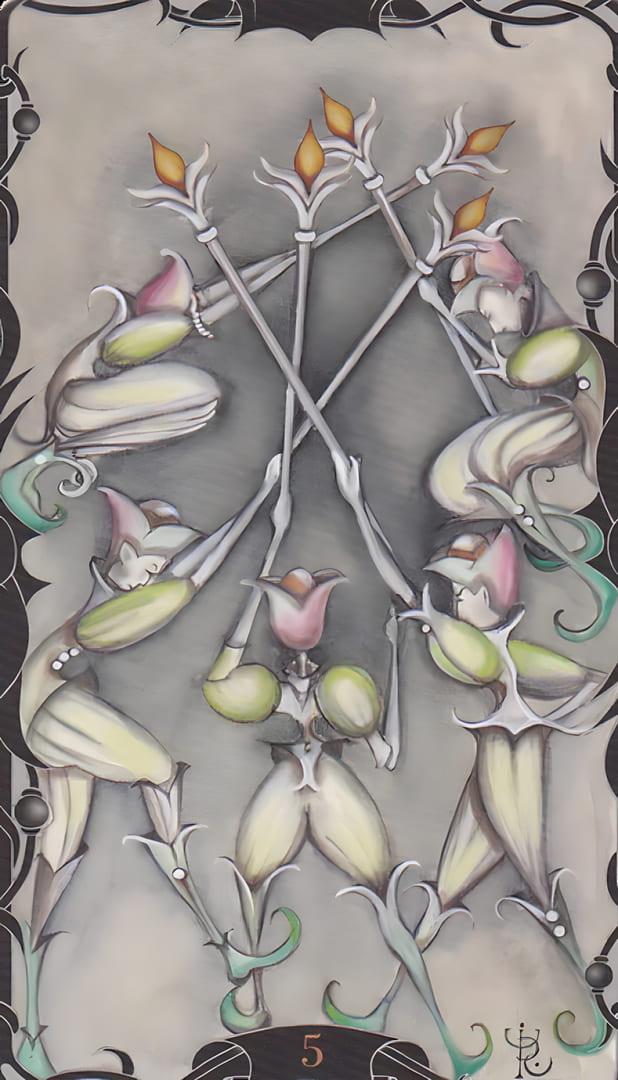 Пятёрка жезлов — Таро Заколдованного Сада