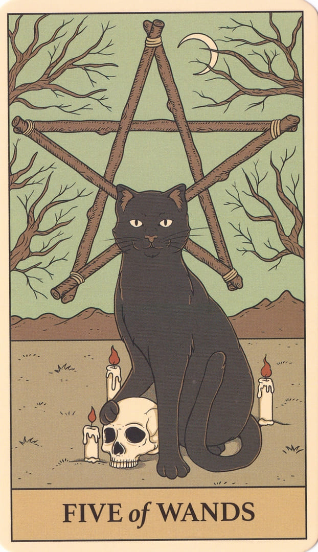 Пятёрка жезлов — Cats Rule the Earth Tarot
