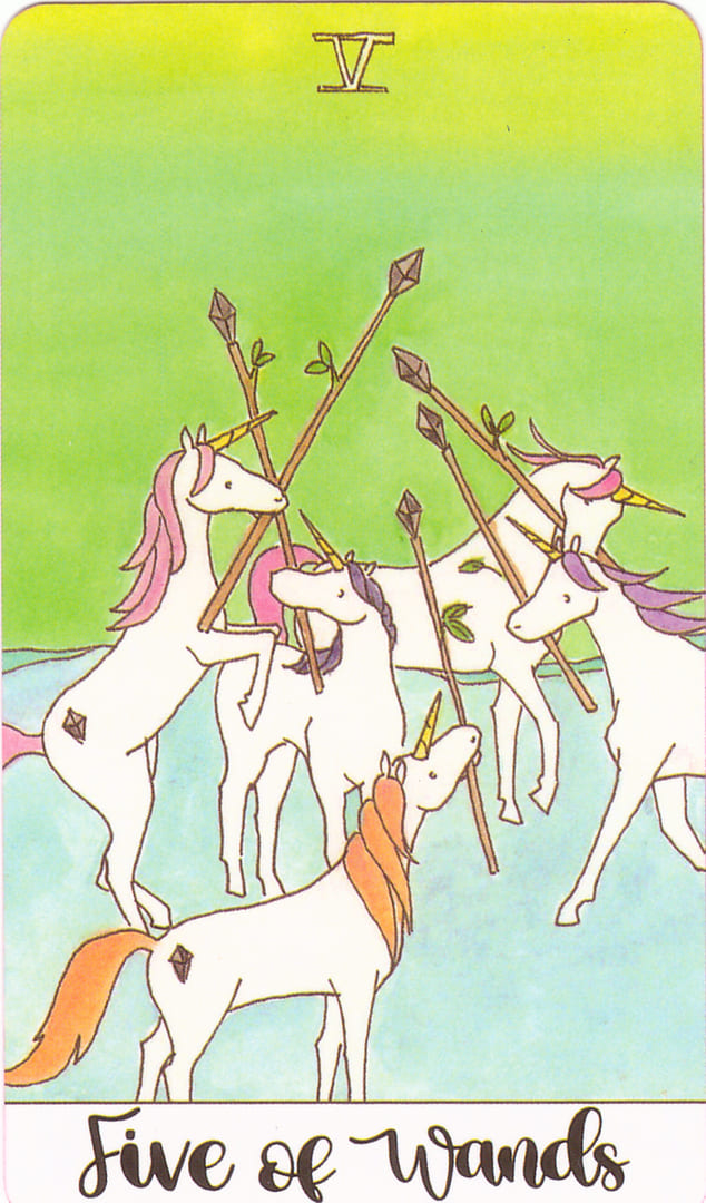 Пятёрка жезлов — Таро Кристальных Единорогов