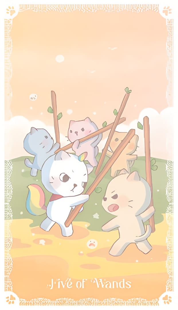 Пятёрка жезлов — Kittycorn Tarot