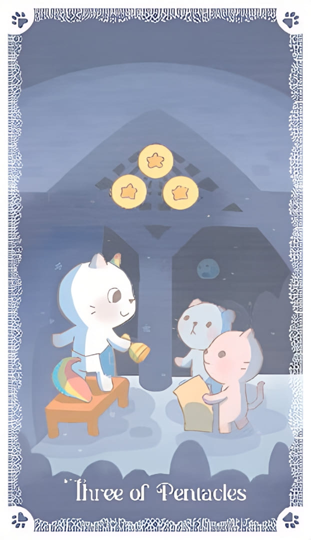 Тройка пентаклей — Kittycorn Tarot