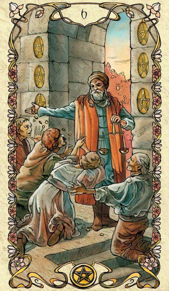 Шестёрка пентаклей — Таро Альфонса Мухи