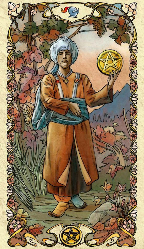 Паж пентаклей — Таро Альфонса Мухи