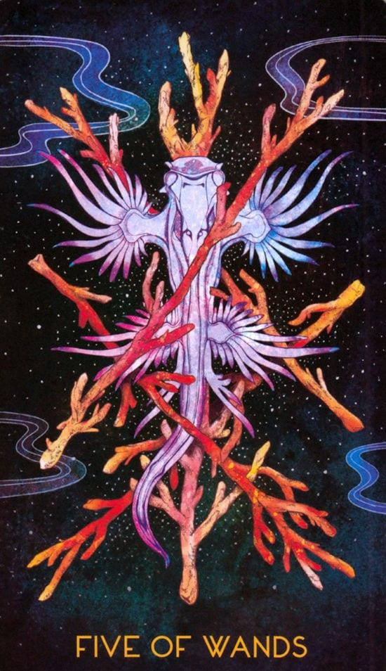 Пятёрка жезлов — Oriens Animal Tarot