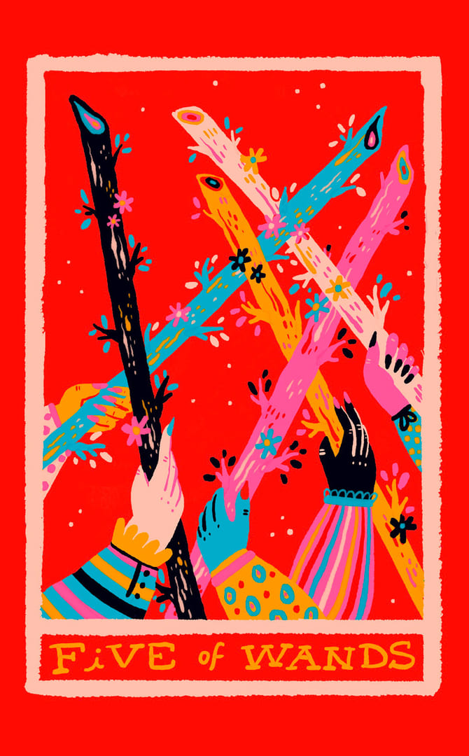 Пятёрка жезлов — Rainbow Tarot