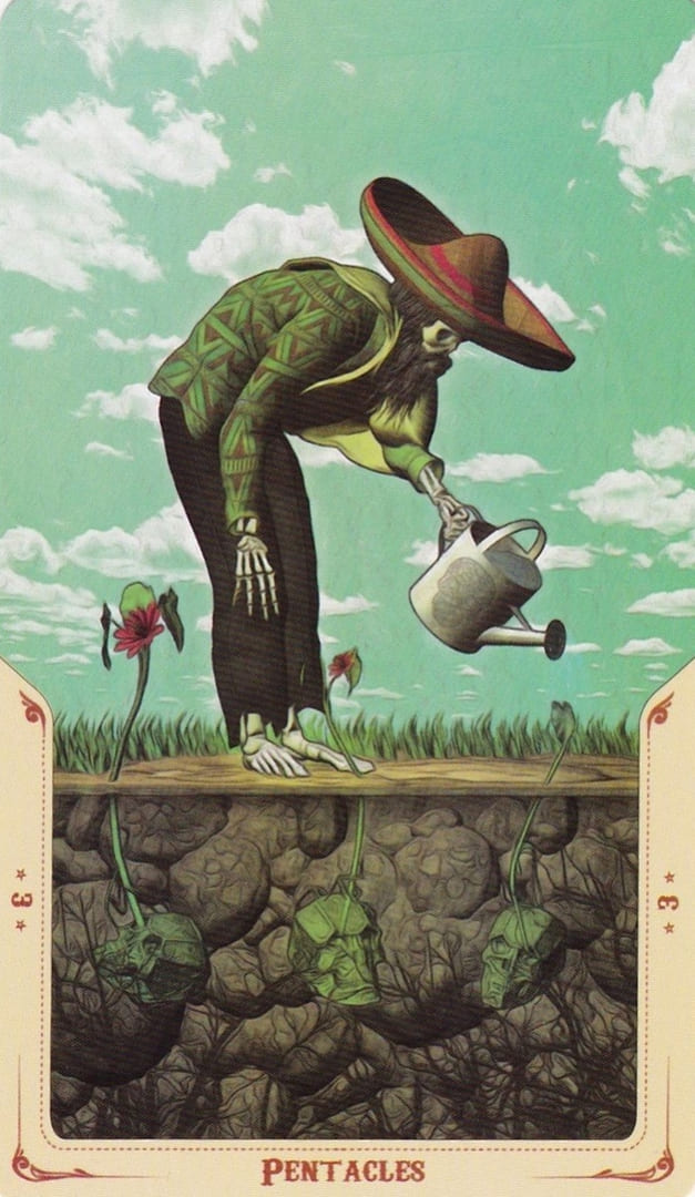 Тройка пентаклей — Таро Святой Смерти