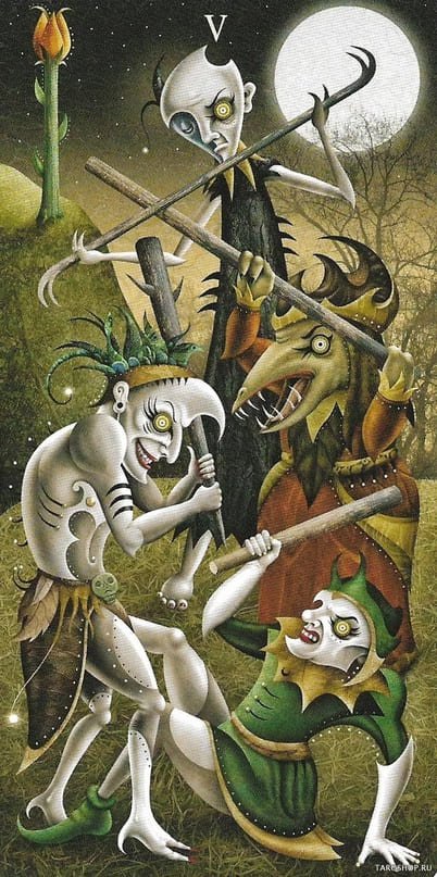 Пятёрка жезлов — Таро Безумной Луны (Deviant Moon)