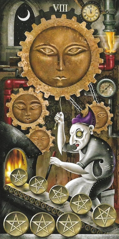 Восьмёрка пентаклей — Таро Безумной Луны (Deviant Moon)
