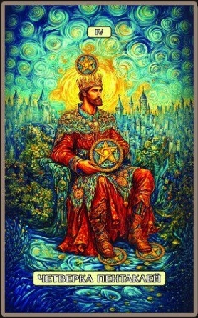 Четверка пентаклей — Swirls of Light Tarot