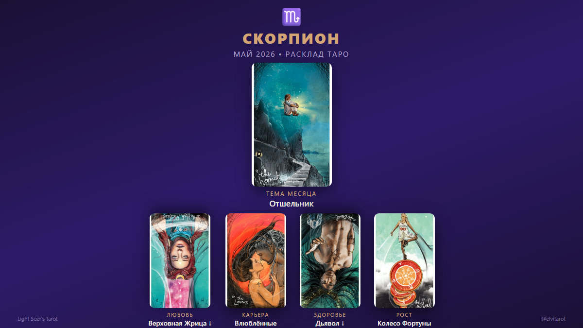 Расклад Таро для Скорпиона на май 2026: Отшельник, Верховная Жрица (перевёрнутая), Влюблённые, Дьявол (перевёрнутый), Колесо Фортуны